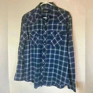 Wrangler Mens Large Long Sleeve Pearl Snap Pockets Collared Shirt Blue Plaid